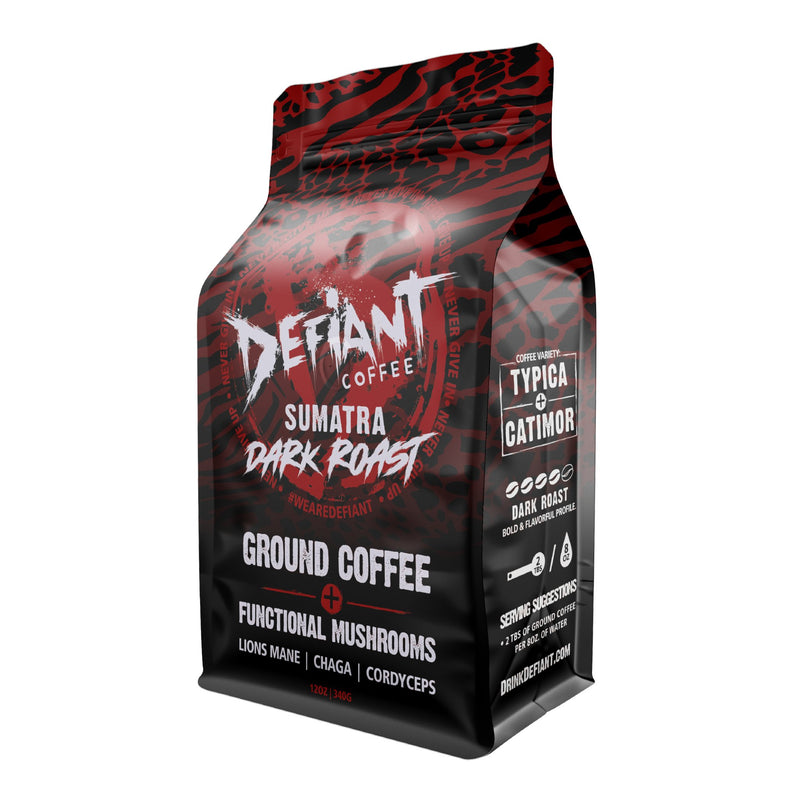 Defiant Ground Coffee, Functional Mushroom Blend, Sumatra Dark Roast, Fair Trade, Ground Coffee 12 oz bag - Defiant Coffee