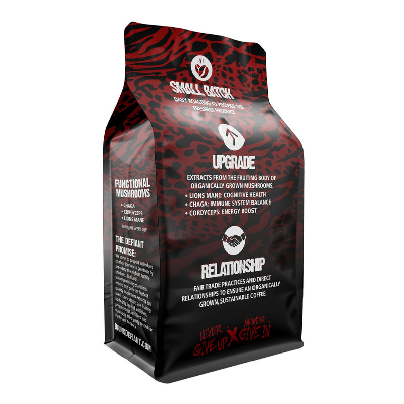 Defiant Ground Coffee, Functional Mushroom Blend, Sumatra Dark Roast, Fair Trade, Ground Coffee 12 oz bag - Defiant Coffee