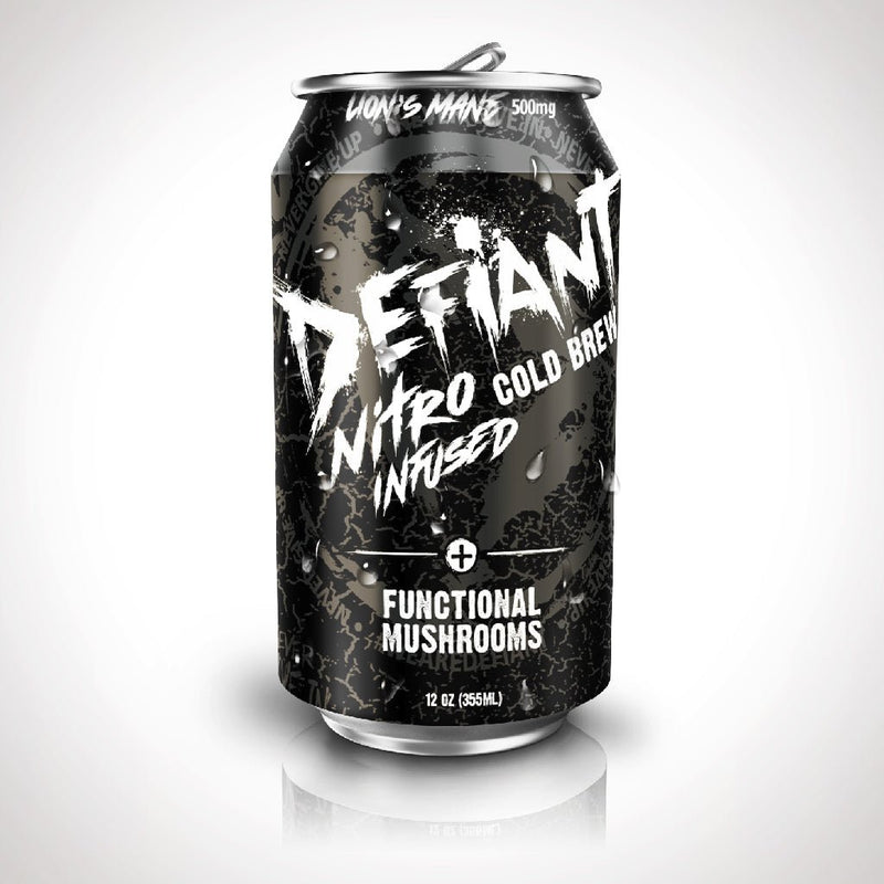 Defiant Nitro Infused Refrigerated Cold Brew with Functional Mushrooms, 12 Pack (12oz cans) - Defiant Coffee